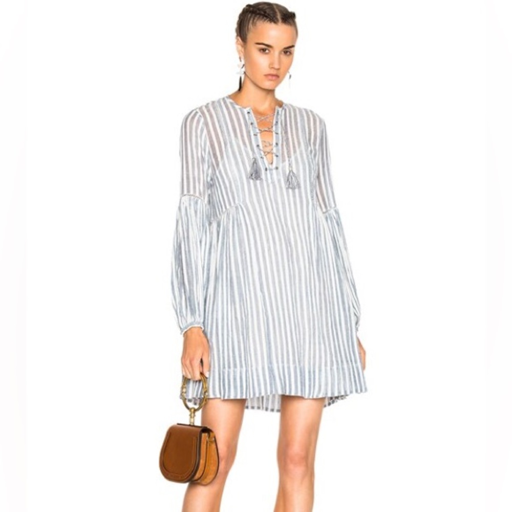 Striped Lace-Up Long Sleeve Mini Dress - White/Light Blue